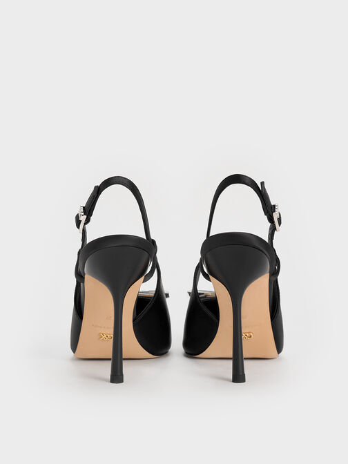 Bow Slingback Pumps, Black Textured, hi-res