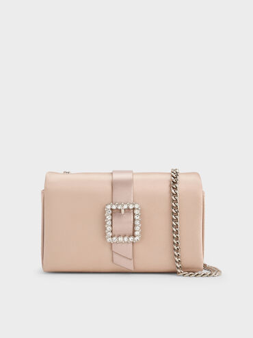 Satin Crystal-Buckle Belted Chain-Handle Bag, Sunset Nude, hi-res