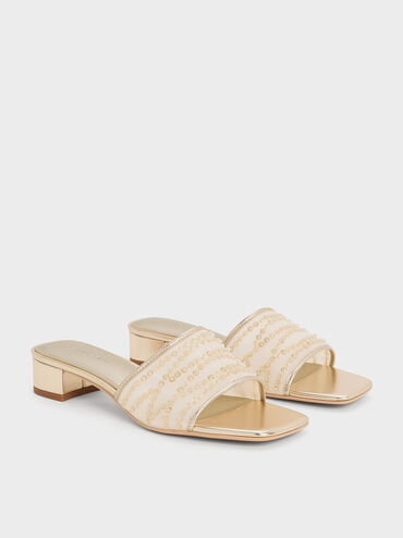 Mesh Metallic Sequinned Block-Heel Mules, Gold, hi-res