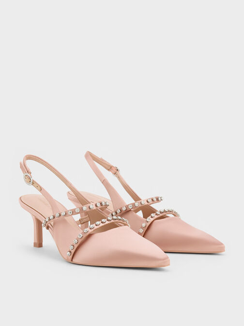 Satin Crystal-Embellished Slingback Mary Jane Pumps, Nude, hi-res