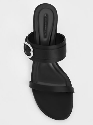 صندل أنيق مغلق من الأمام مزين بكعب عريض ومشبك كريستالي من بوليستر معاد تدويره, أسود خشن, hi-res