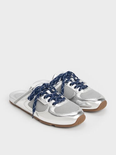 حذاء رياضي بتصميم سهل الارتداء من الدانتيل بتصميم شبكي بلون معدني مزخرف بأربطة منقوشة, فضي, hi-res