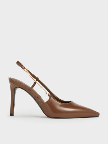 Chain-Strap Pointed-Toe Slingback Pumps, Brown, hi-res