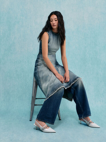 حذاء جورجي ذو الكعب الصغير المفتوح من الخلف والمزين بسلسلة, رمادي فاتح, hi-res