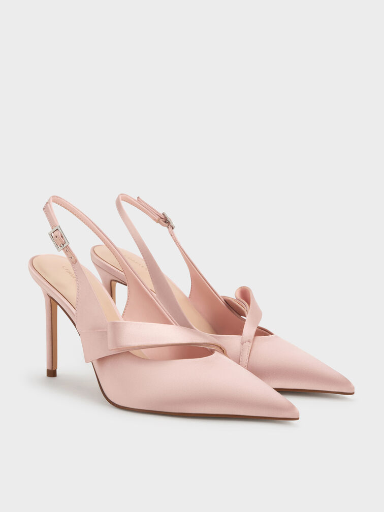 Satin Pleated-Strap Slingback Pumps, Pink, hi-res