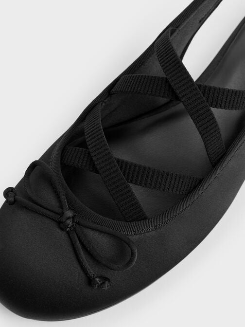 Satin Crossover Slingback Ballet Flats, Black Textured, hi-res