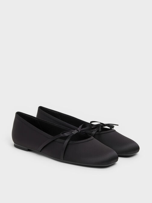 Satin Bow Ballet Flats, Black Textured, hi-res