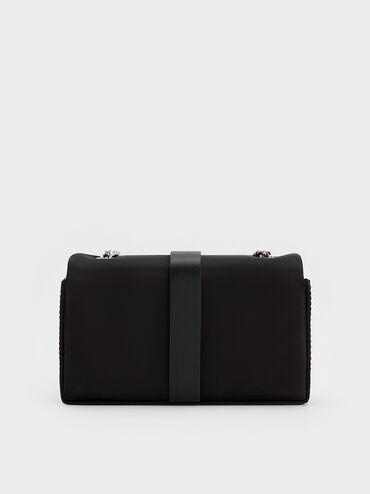 Satin Crystal-Buckle Belted Chain-Handle Bag, Noir, hi-res