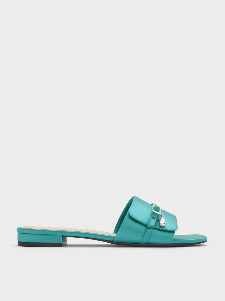 Satin Teardrop-Crystal Buckle-Strap Slide Sandals, Teal, hi-res