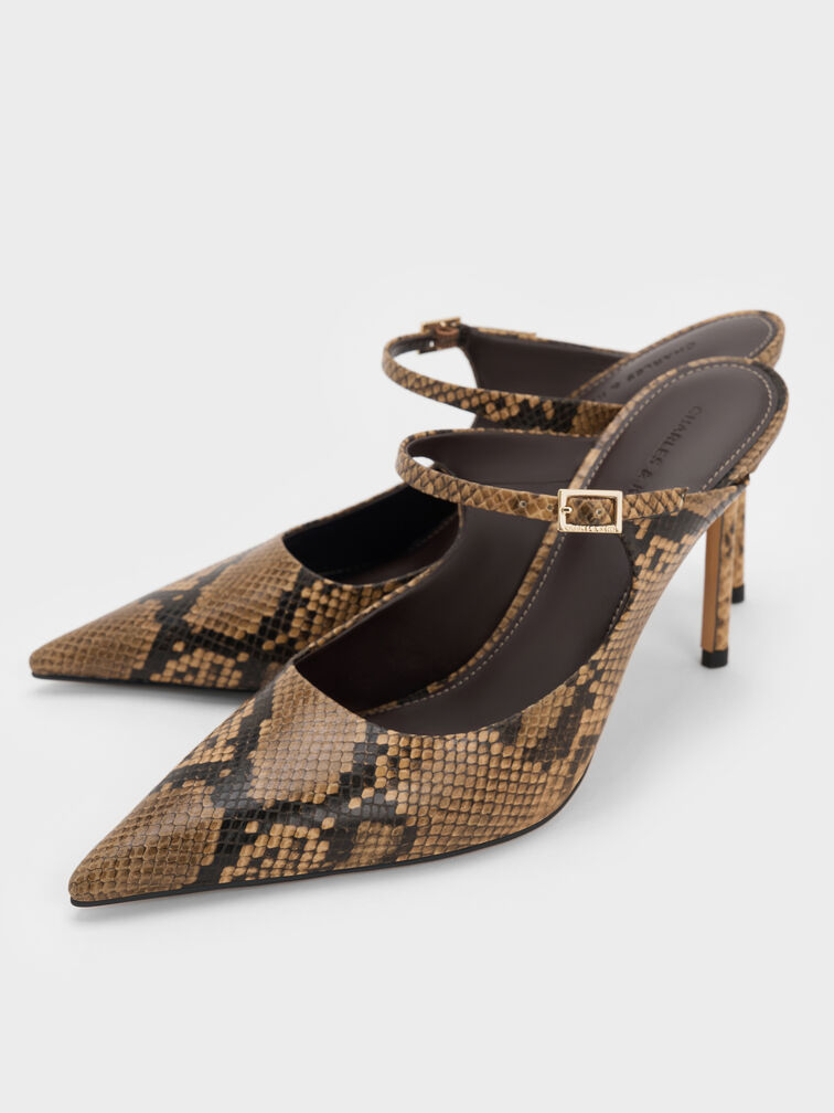 Snake-Print Buckle-Strap Stiletto-Heel Mules, Animal Print Natural, hi-res
