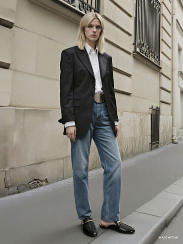 Metallic-Bar Loafer Mules, Black Boxed, hi-res