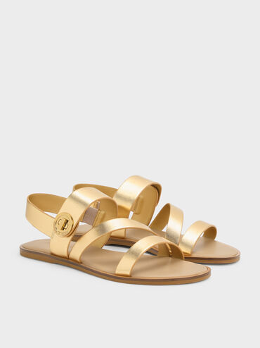 صندل يارا بسيور عريضة أنيقة وتفاصيل معدنية لافتة مع قفل دوّار, ذهبي, hi-res