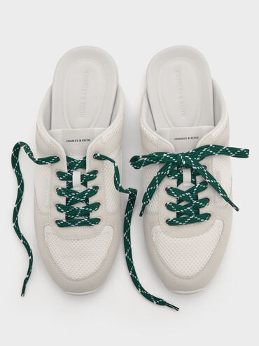 حذاء رياضي بتصميم سهل الارتداء من الدانتيل بتصميم شبكي مزخرف بأربطة منقوشة, أبيض, hi-res