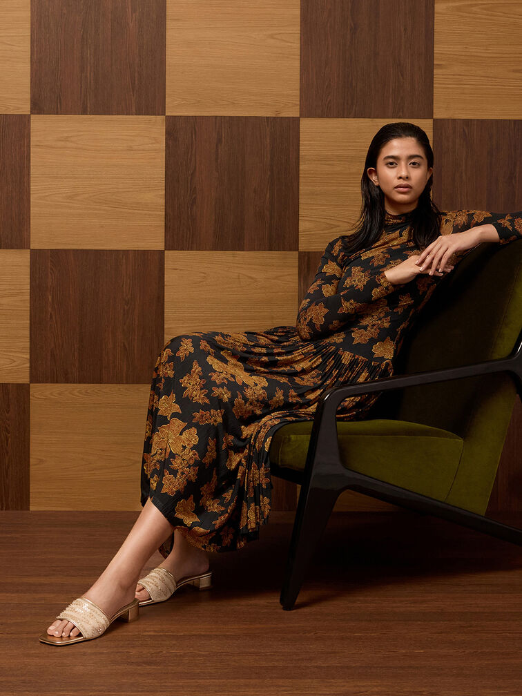 Mesh Metallic Sequinned Block-Heel Mules, Gold, hi-res