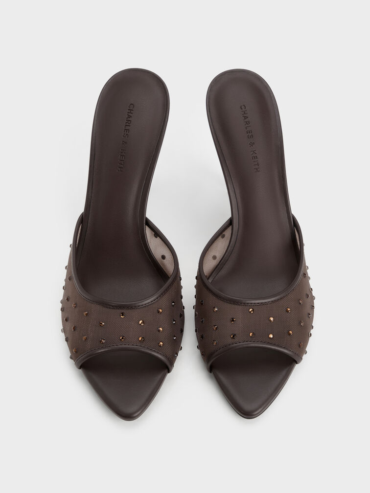 Mesh Crystal Peep-Toe Heeled Mules, Dark Brown Textured, hi-res