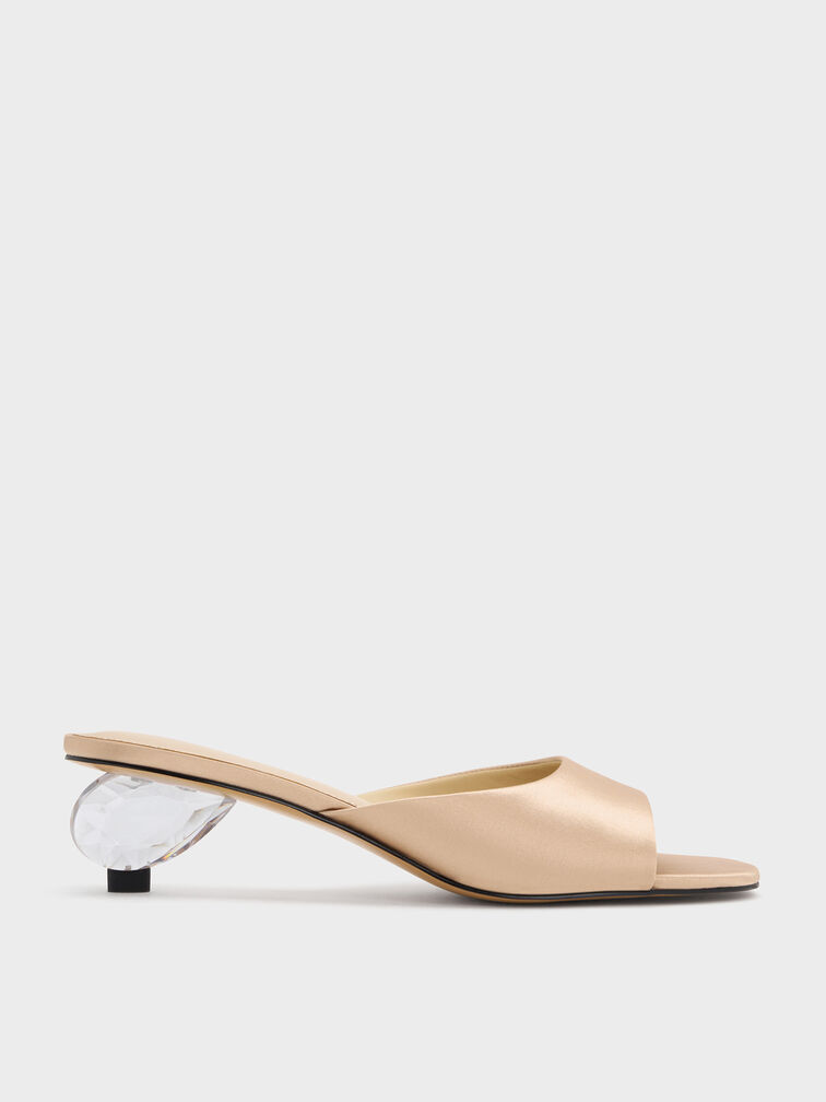 Satin Crystal-Heel Mules, Gold, hi-res