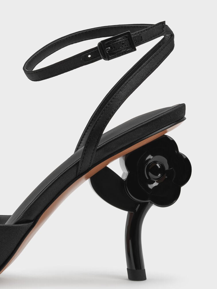 حذاء بكعب مدبب مزين بالزهور وحزام للكاحل, أسود خشن, hi-res