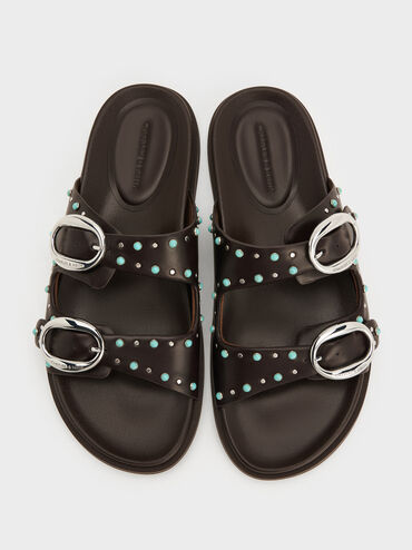 صندل سلايد مرصع بإبزيم وسيرين, بني داكن, hi-res