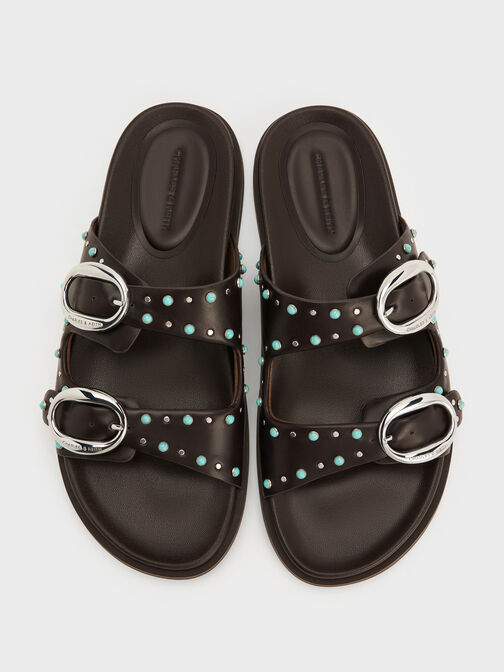 صندل سلايد مرصع بإبزيم وسيرين, بني داكن, hi-res