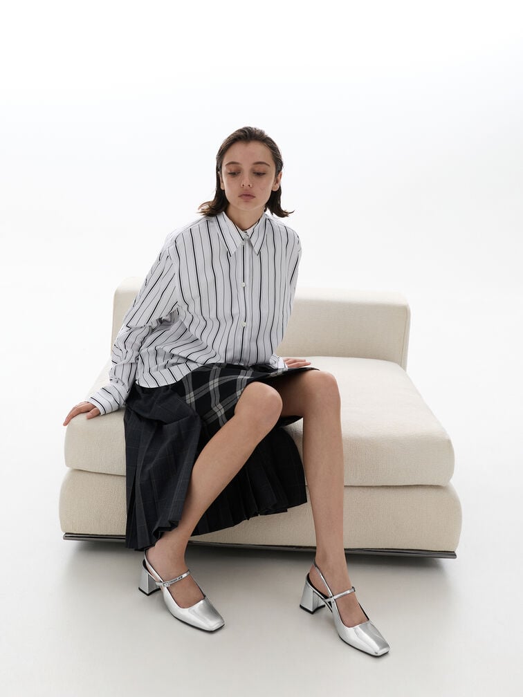 حذاء ماري جين بكعب عريض وحزام خلفي ومقدمة مربعة ميتاليك, فضي, hi-res