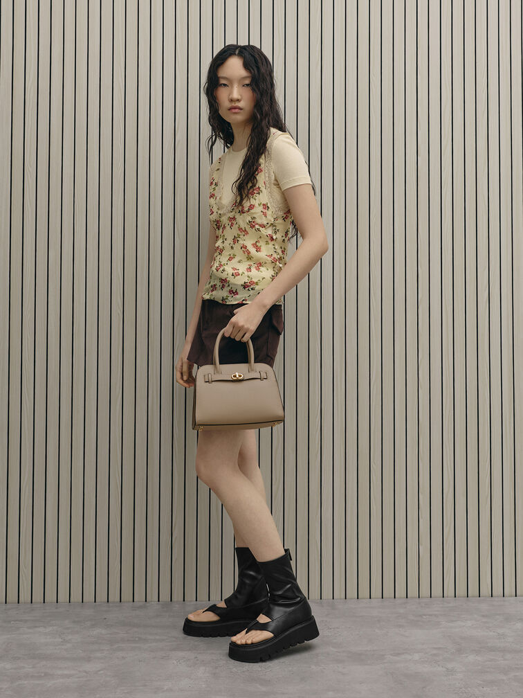 Aubrielle Belted Tote Bag, Taupe, hi-res