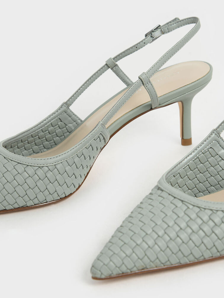 Woven Slingback Pumps, Sage Green, hi-res