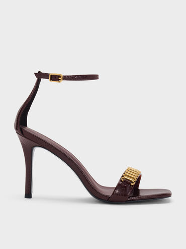 Snake-Print Metallic-Accent Heeled Sandals, Animal Print Burgundy, hi-res