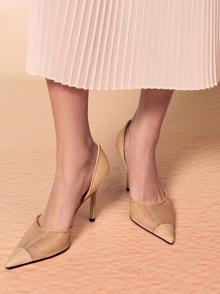 Mesh Pointed-Toe D'Orsay Pumps, Nude, hi-res