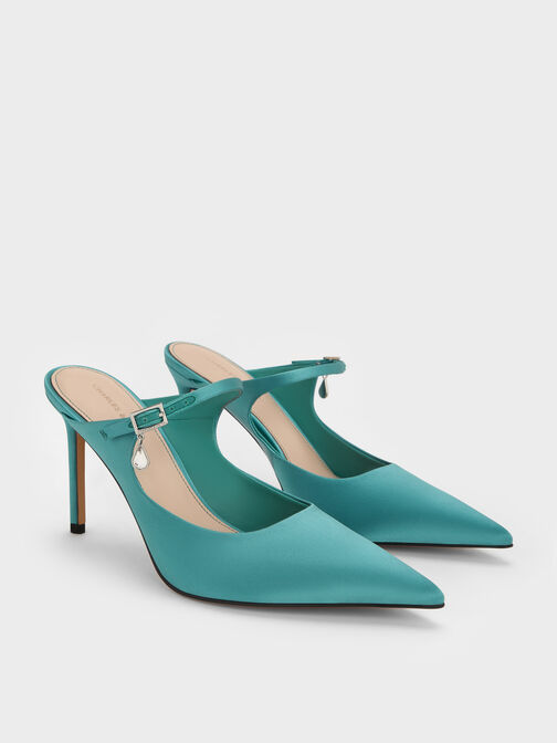 Satin Teardrop-Crystal Buckle-Strap Stiletto-Heel Mules, Teal, hi-res