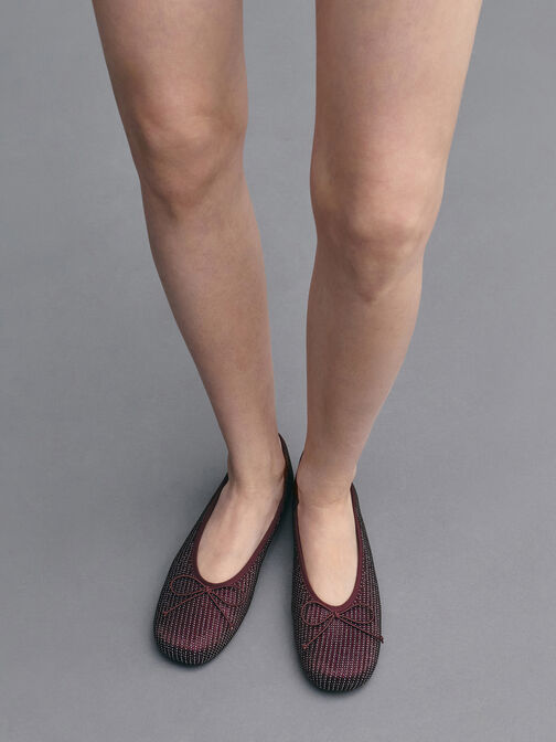 حذاء باليه ساتان مزين بالكريستال مع فيونكة, برغندي, hi-res