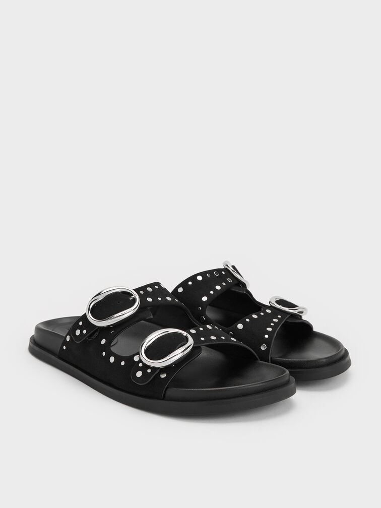 صندل سلايد مرصع بإبزيم وسيرين, أسود, hi-res