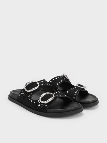 صندل سلايد مرصع بإبزيم وسيرين, أسود, hi-res