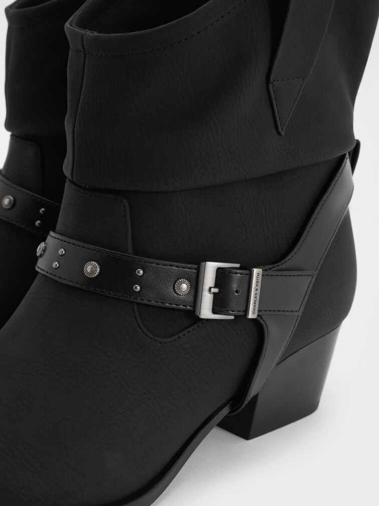 Studded-Strap Ruched Ankle Boots, Black, hi-res
