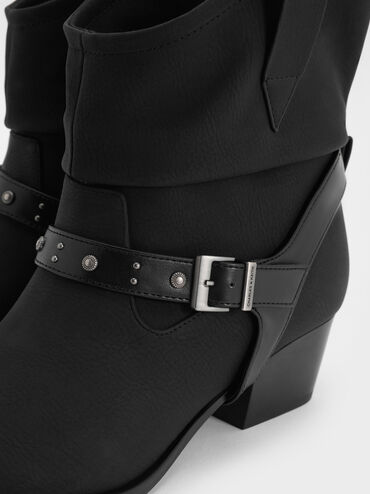 Studded-Strap Ruched Ankle Boots, Black, hi-res