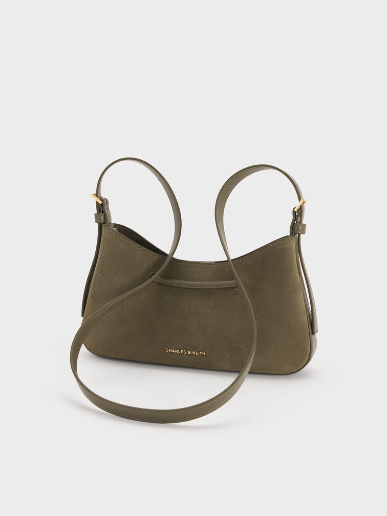 Mila Recycled Suede Shoulder Bag, Deep Olive, hi-res