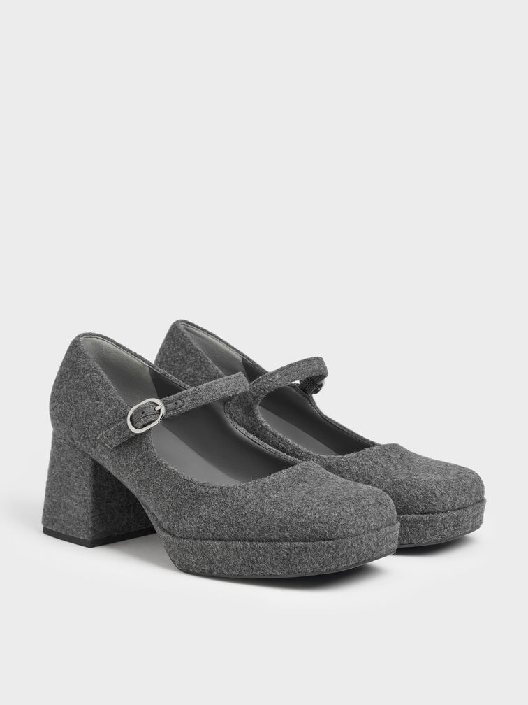 Felt Platform Mary Jane Pumps, Grey, hi-res