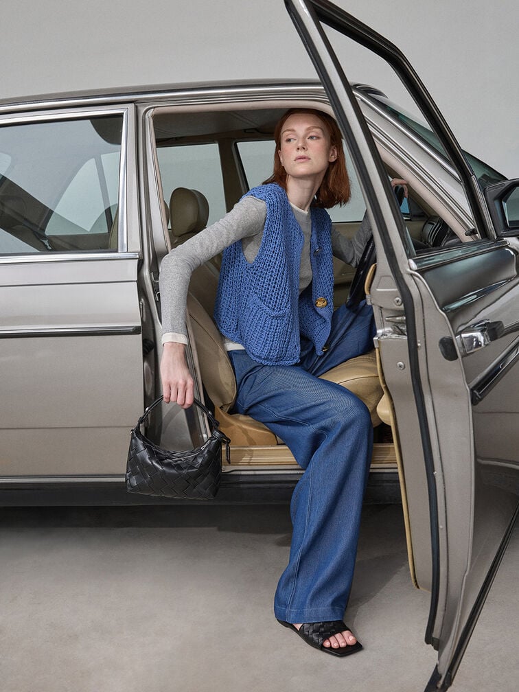 صندل إيفيت مفتوح سهل الارتداء بتصميم منسوج, أسود, hi-res