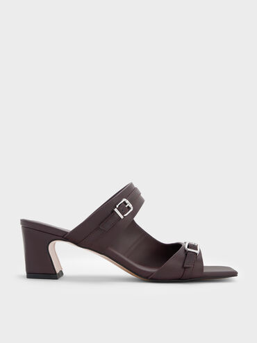 Buckled Double-Strap Heeled Mules, Burgundy, hi-res