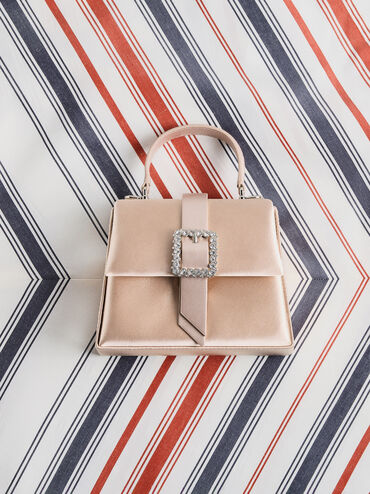 Satin Crystal-Buckle Belted Top Handle Bag, Sunset Nude, hi-res