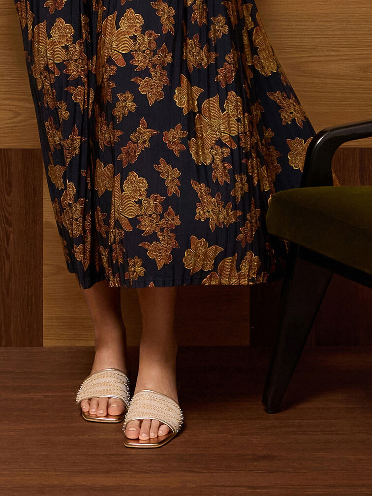 Mesh Metallic Sequinned Block-Heel Mules, Gold, hi-res