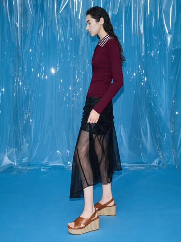 حذاء إسبادريل بكعب ويدج عريض وأحزمة متداخلة, بني, hi-res