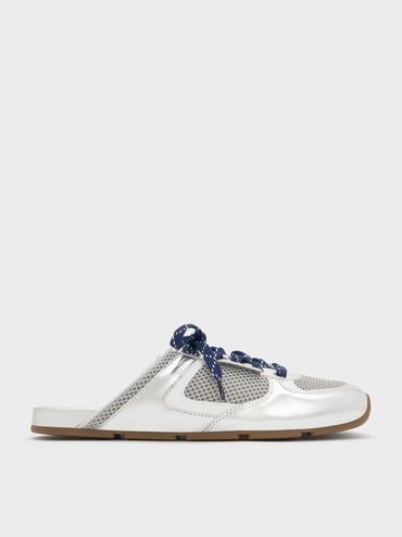 حذاء رياضي بتصميم سهل الارتداء من الدانتيل بتصميم شبكي بلون معدني مزخرف بأربطة منقوشة, فضي, hi-res