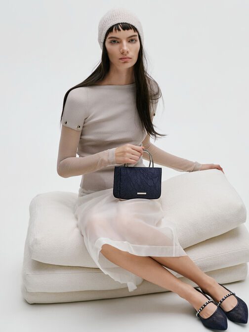 حقيبة جيني من الدانتيل والساتان بمقبض من الأعلى, كحلي مزخرف, hi-res