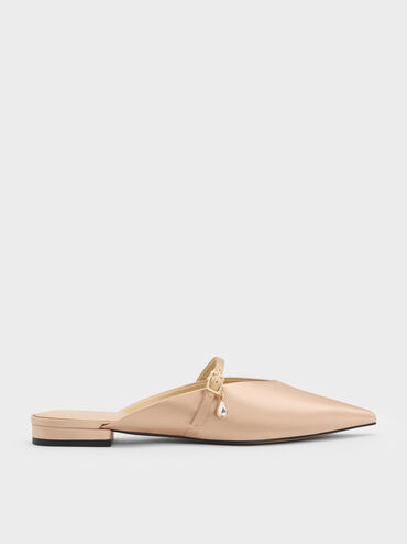 Satin Teardrop-Crystal Flat Mules, Gold, hi-res