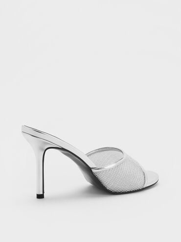 حذاء ميول بكعب ستيليتو عالٍ ومظهر معدني مصنوع من خامة شبكية, فضي, hi-res