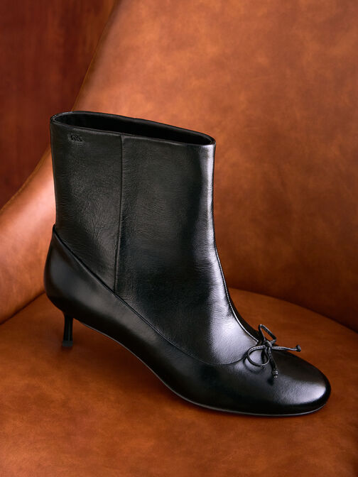 Aretha Leather Bow Kitten-Heel Calf Boots, Black, hi-res