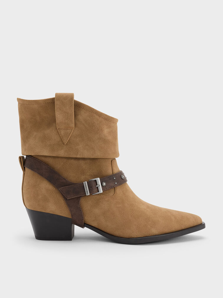 Faux Suede Studded-Strap Ruched Ankle Boots, Sand, hi-res