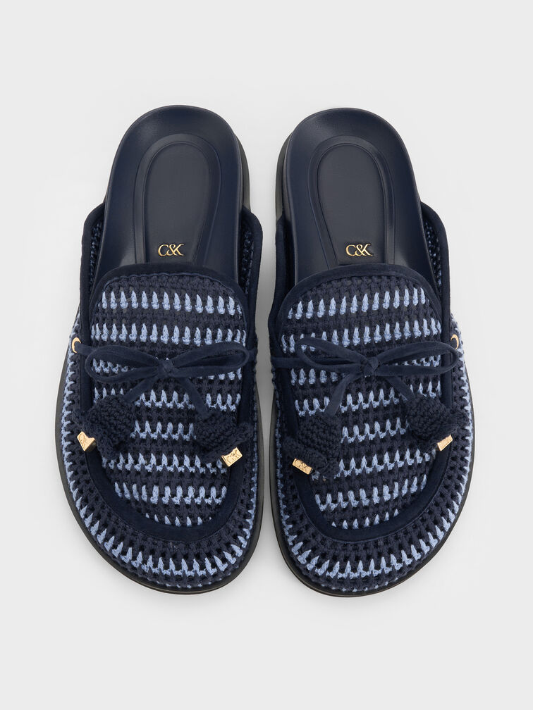 Crochet & Suede Flower Mules, Blue, hi-res