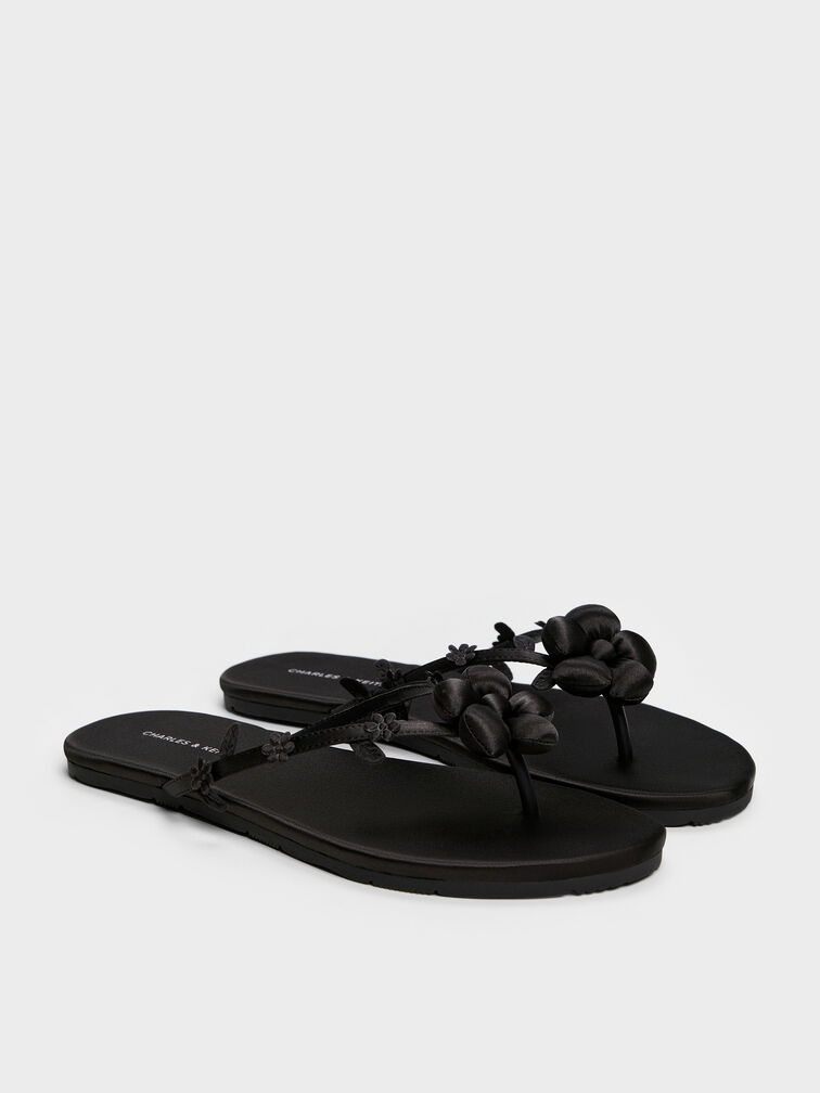 صندل مزين بالزهور المنتفخة, أسود خشن, hi-res