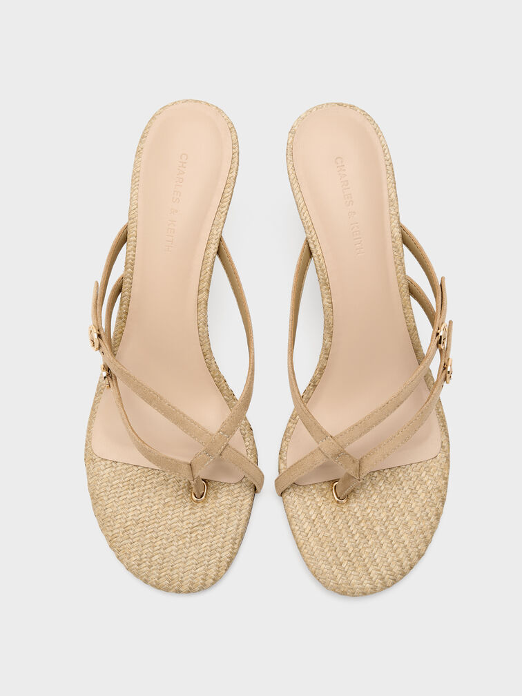 Faux Suede Crossover Toe-Ring Strappy Heels, Sand, hi-res